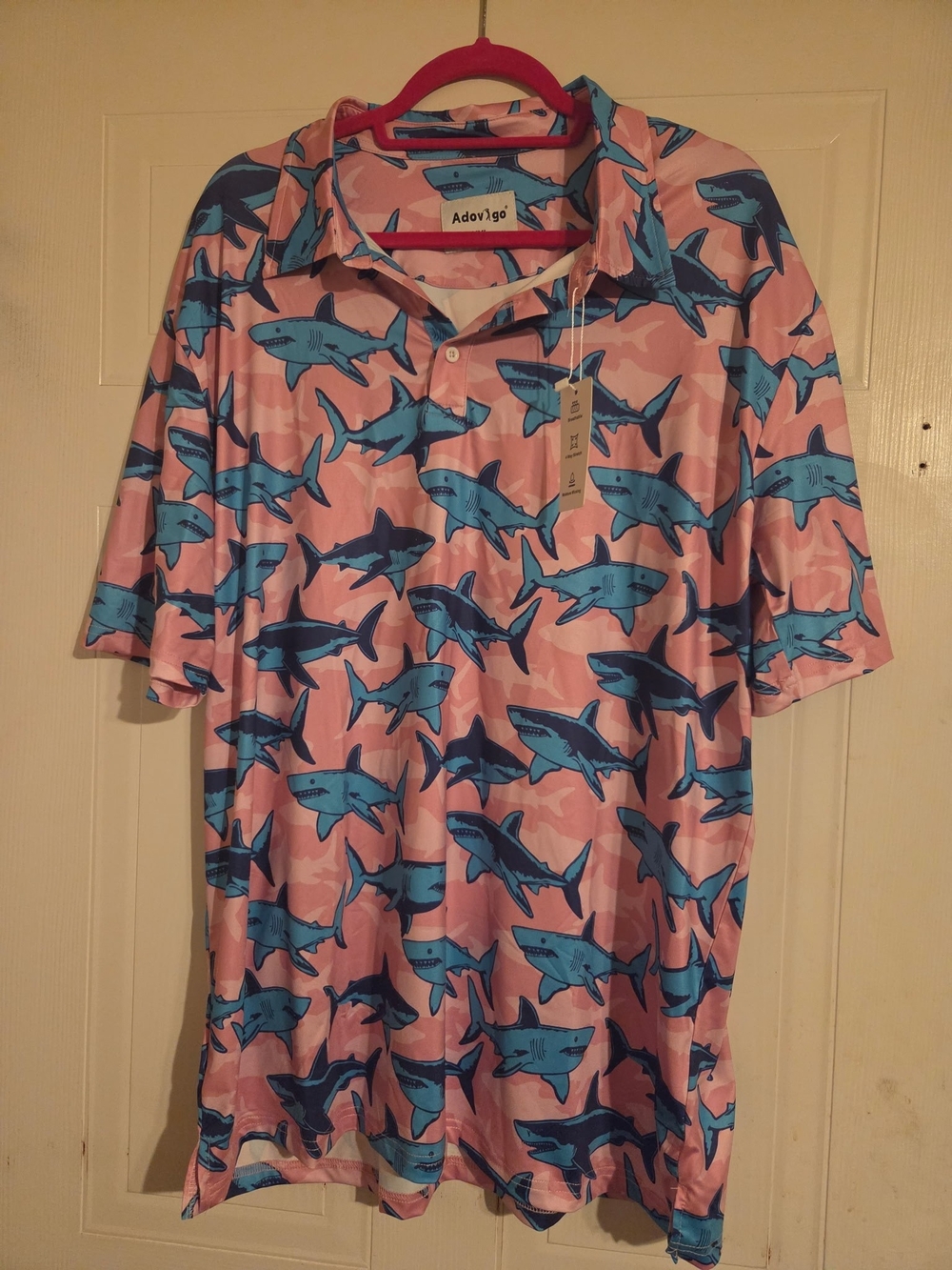 Adovigo Pink Golf Polo with Blue Shark Print